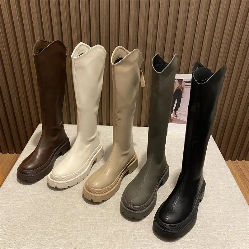 Slim Knight Boot Women 2022 Autumn New British Style Long Boot thick soles High boots with plush knee high leather boots mujer