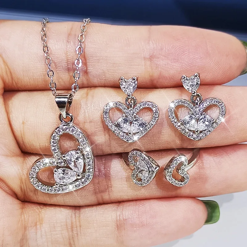 925 Silver Exquisite Peach Heart White Diamond Love Necklace Set Three-piece Retro Personality Jewelry Wedding Party Bridal Gift