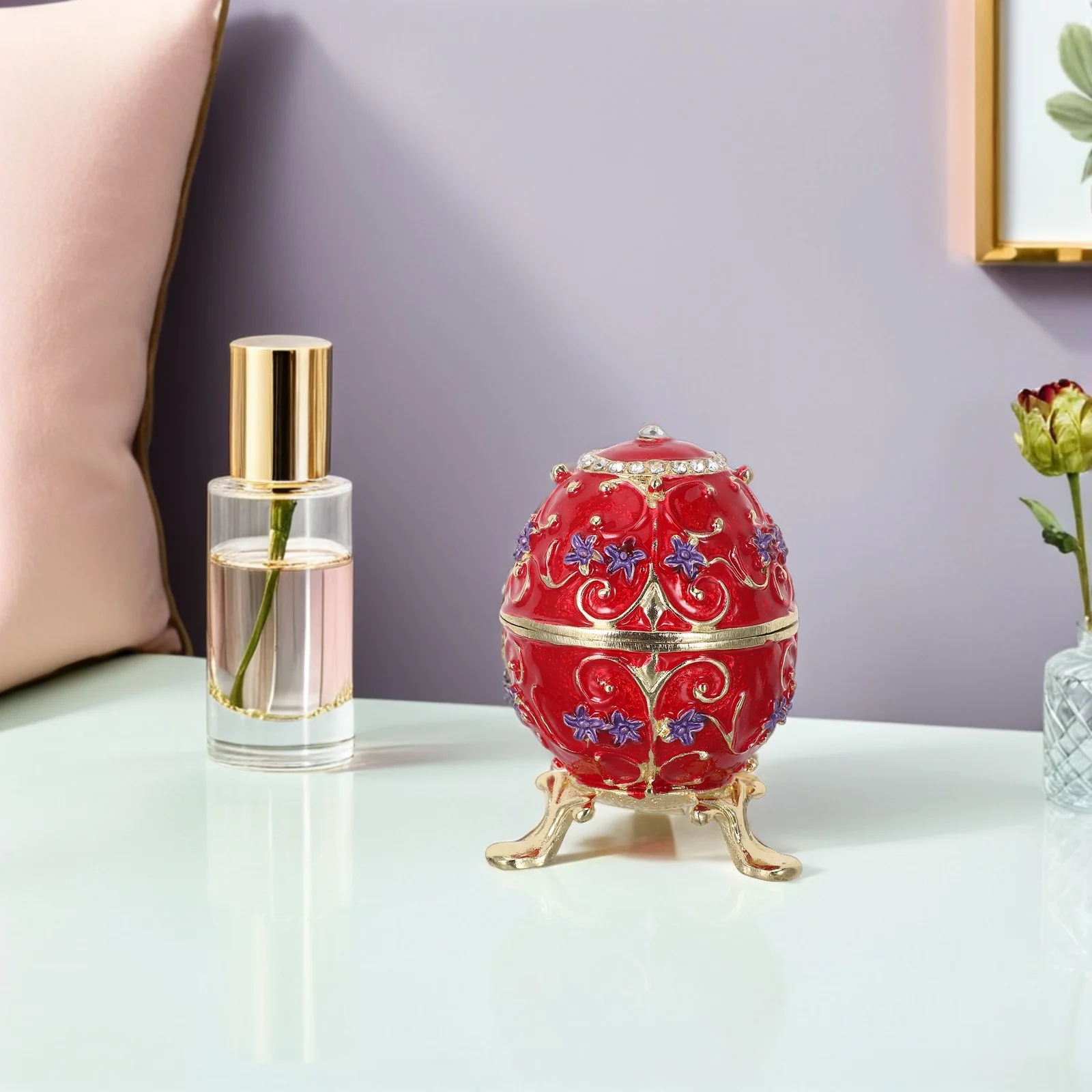 Decorative Handpainted Enamel Egg Trinket Box Gilded Metal Jewelry Storage Organizer Victorian Style Home Accent Keepsakes