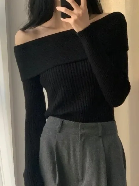 Chic Vintage Sle Knitted oulder Bared One-oulder Lazy Sle Slim Fit Autumn Top Women's Faion Casual Long Sve Sweater
