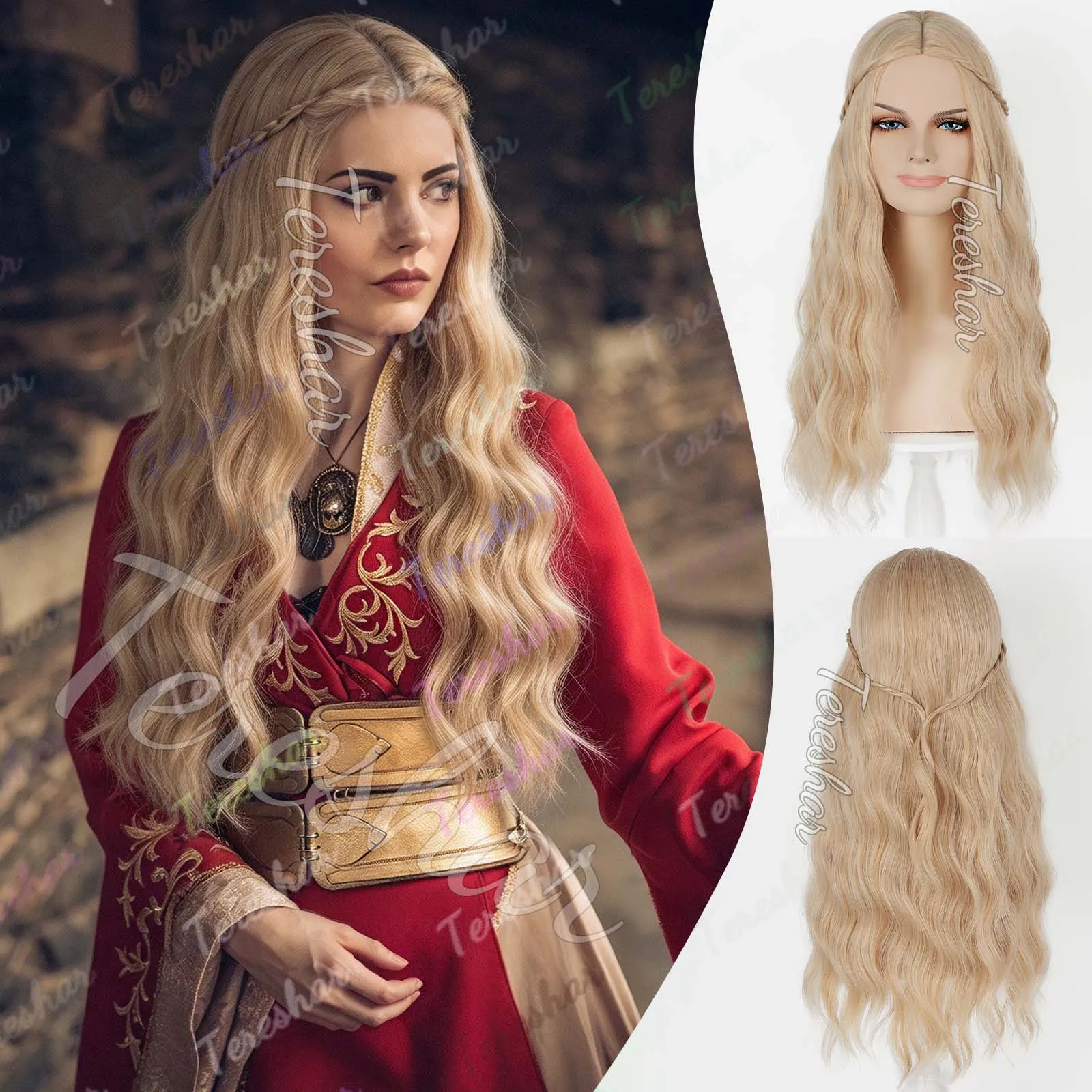 Synthetic Long Blonde 70s Hippie Wig for Women Princess Bride Cosplay Wig, Multi Colored edieval Renaissance Wig for Halloween