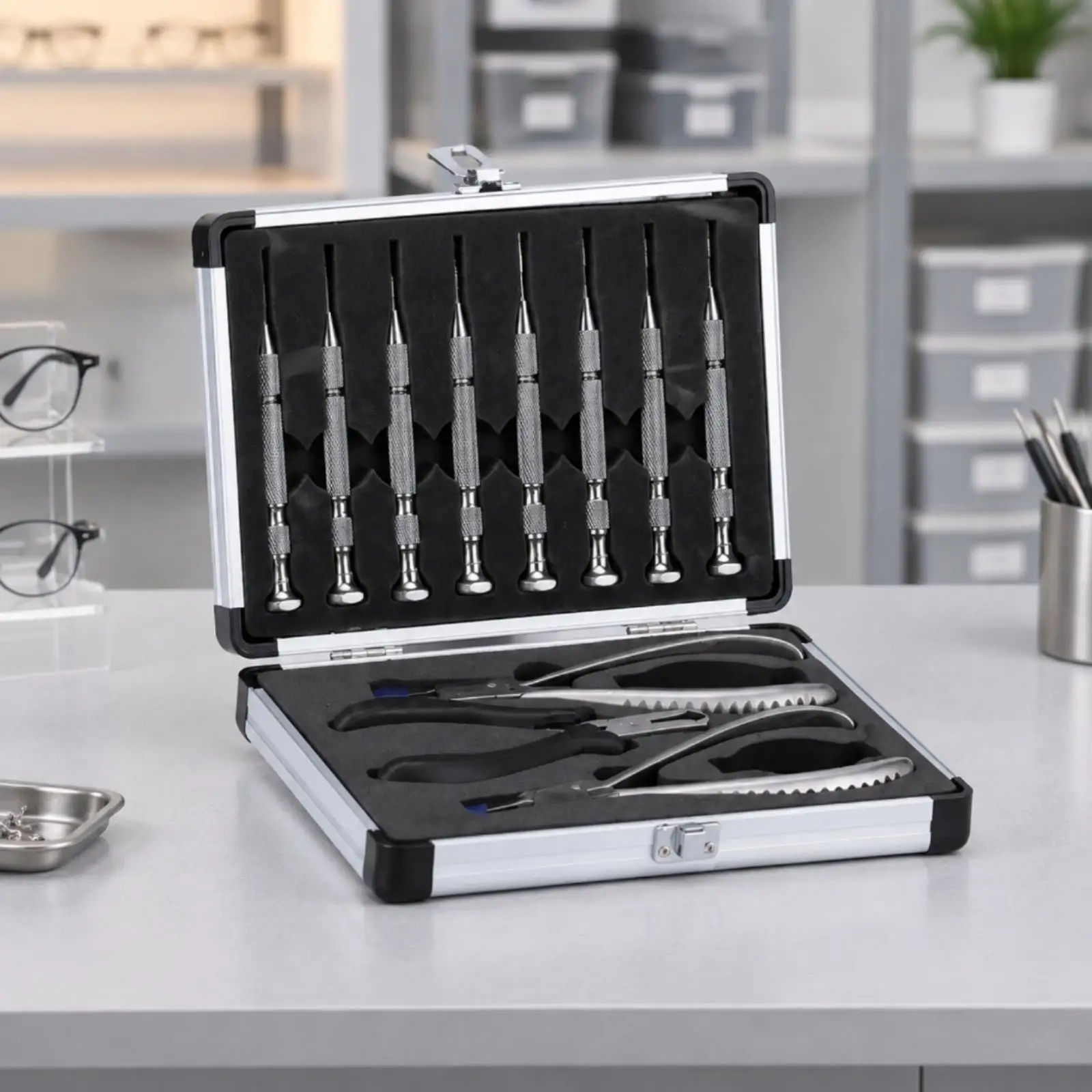 Eyewear Processing Toolkit Non-Slip Eyeglass Repair and Processing Tool Kit with Hard Storage Case for Optical Technicians