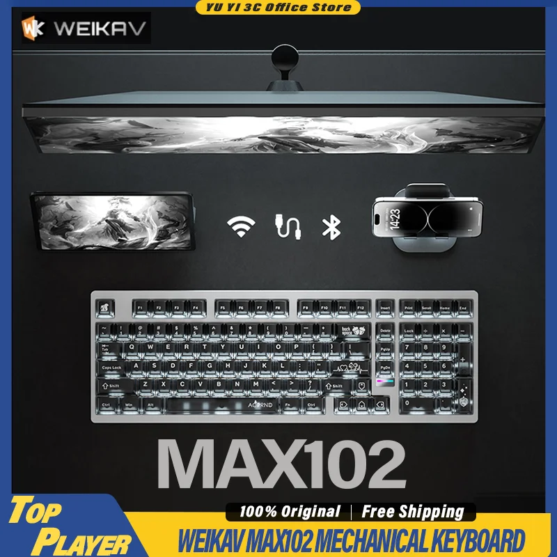 

WEIKAV MAX102 Механическая клавиатура по индивидуальному заказу RGB с ЧПУ, алюминиевый корпус, 10000 мАч, батарея с длительным сроком службы, полноразмерная раскладка, с возможностью горячей замены
