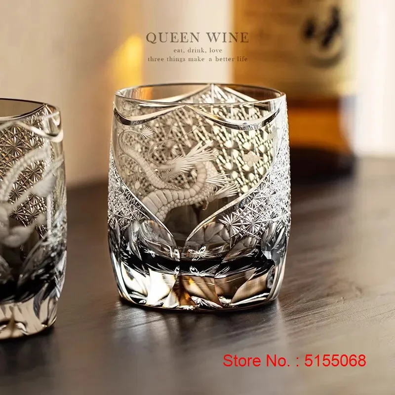 Chinese Style Loong Edo Kiriko Whiskey Glass Hand Engraved Dragon Amber Crystal Brandy XO Rock Wine Snifter Whisky Cup Gift Box