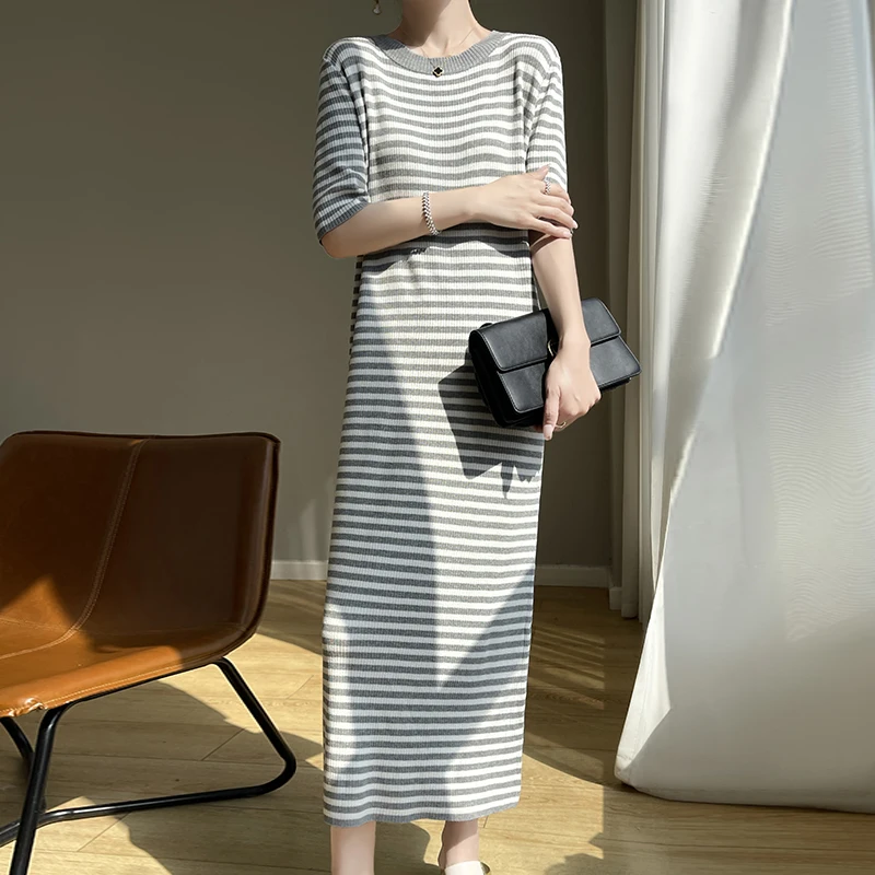 Round Neck Loose Striped Casual Ice Silk Dress French Fashion Ventilate Pullover Women's Summer Dress