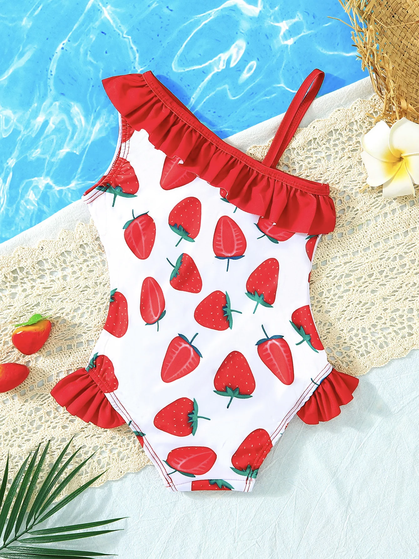 Summer Toddler Girls 2-7Y Strawberry Print Asymmetrical Ruffle One-Piece Swimsuit, Off-Shoulder Red Trim Kids Beach & Pool Swimw