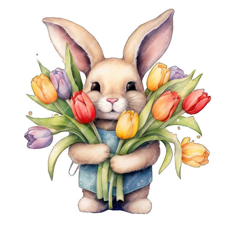 Three Ratels QD186 Rabbit holding tulip watercolor cartoon animal wall sticker for home decoration toilet decals car sticker