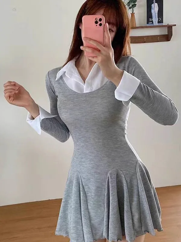 الخريف/الشتاء النسخة الكورية الجديدة بولو التلبيب التباين اللون فستان بكم طويل المرأة Cinching الخصر التفاف الورك فستان قصير F407 #3