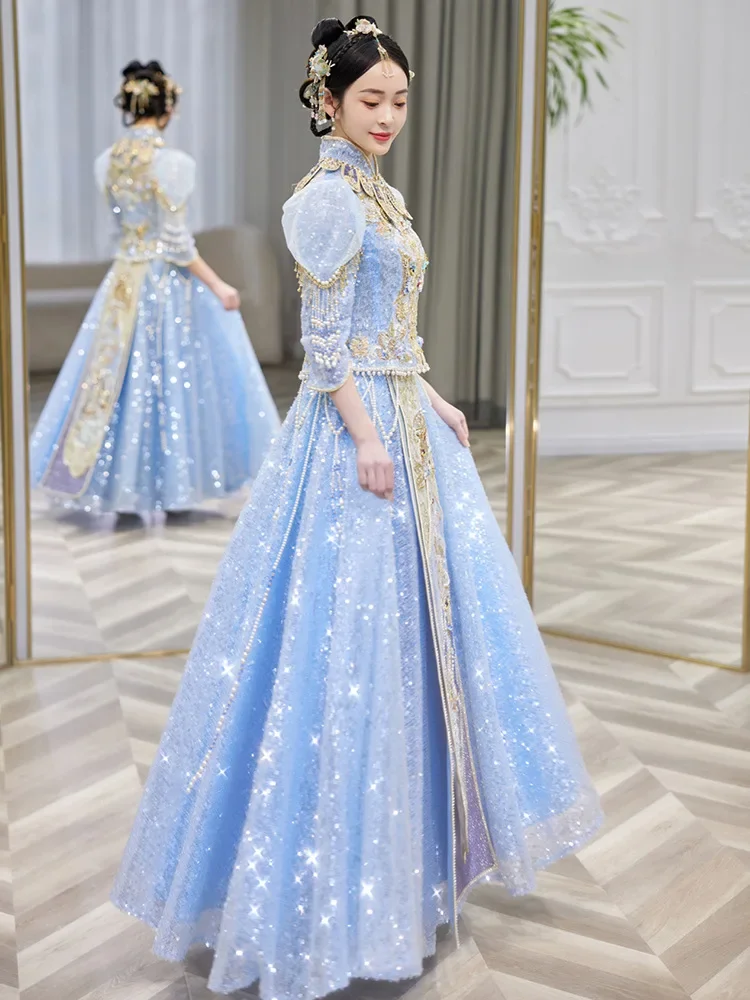 2022 New Bride Sparkly Blue Sequins Wedding Dress Chinese Style Vintage Mandarin Collar Cheongsam Toast Dress