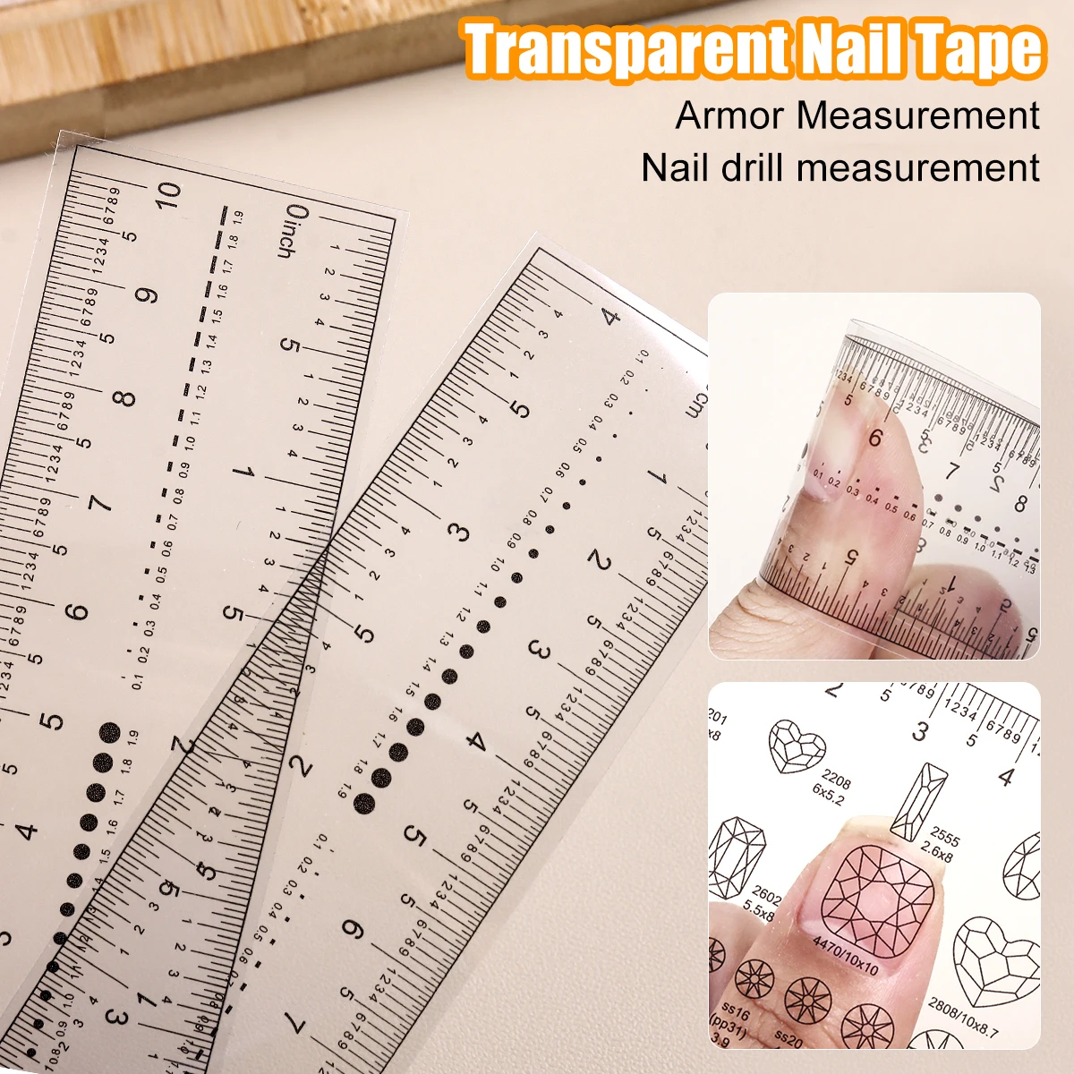 Ruban de mesure souple pour nail art, ruban de mesure pour pointes d'ongles, ruban de mesure gradué transparent, outil de mesure de taille de zircon
