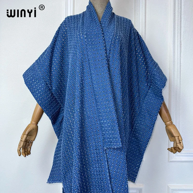 WINYI Kimono Broke Denim cardigan long down overcoat maxi Dress elegant Party Holiday Swimming beach Cover Up abaya dubai luxury