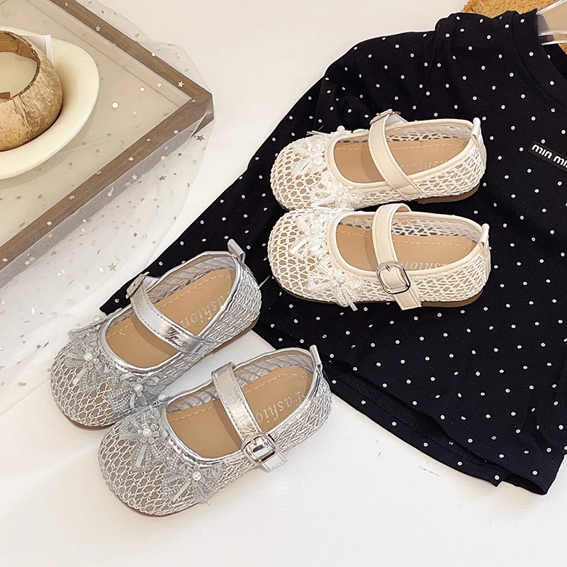 Kids'Casual Shoes Sandals Bow Fashion Solid Color PU Leather Summer Shoes For Girls Soft Bottom Silver White Size21-30