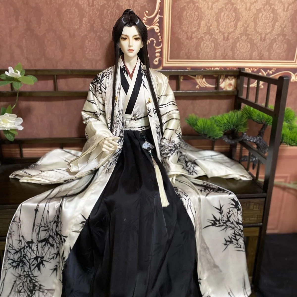 Male Uncle BJD Dress 1/3 1/4 1/6 Doll Clothes, Bamboo Forest Printed Silk Hanfu Skirt Free Shipping