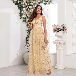Women V-Neck Sleeveless Sequin Embroidery Evening Dress A-line Pink Birthday Party Dress Formal Ball Gown