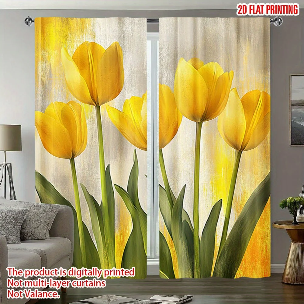 2pcs Yellow Tulip Curtains Oil Painting Style Flower Print Drape Living Room Dining Room WindowTreatment Bright Floral HomeDecor