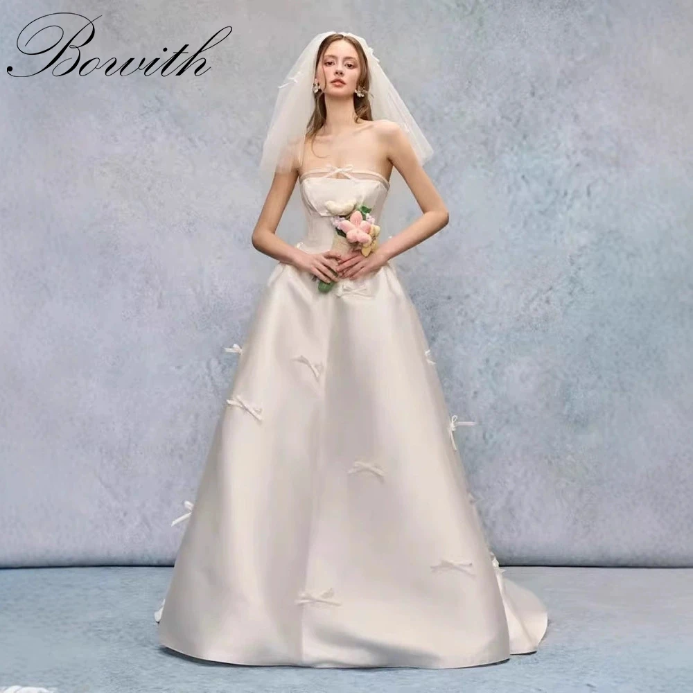 Abiti da sposa coreani Bowith Abito da sposa in raso con fiocco senza spalline Abito da sposa senza maniche lungo fino al pavimento personalizzato