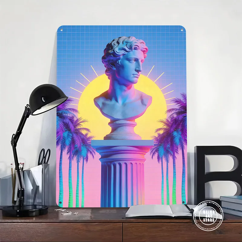 Vaporwave Bust With Palm Trees Printing Poster Customized Retro Wall Art Vintage Metal Signs for Mancave Decoration Room House