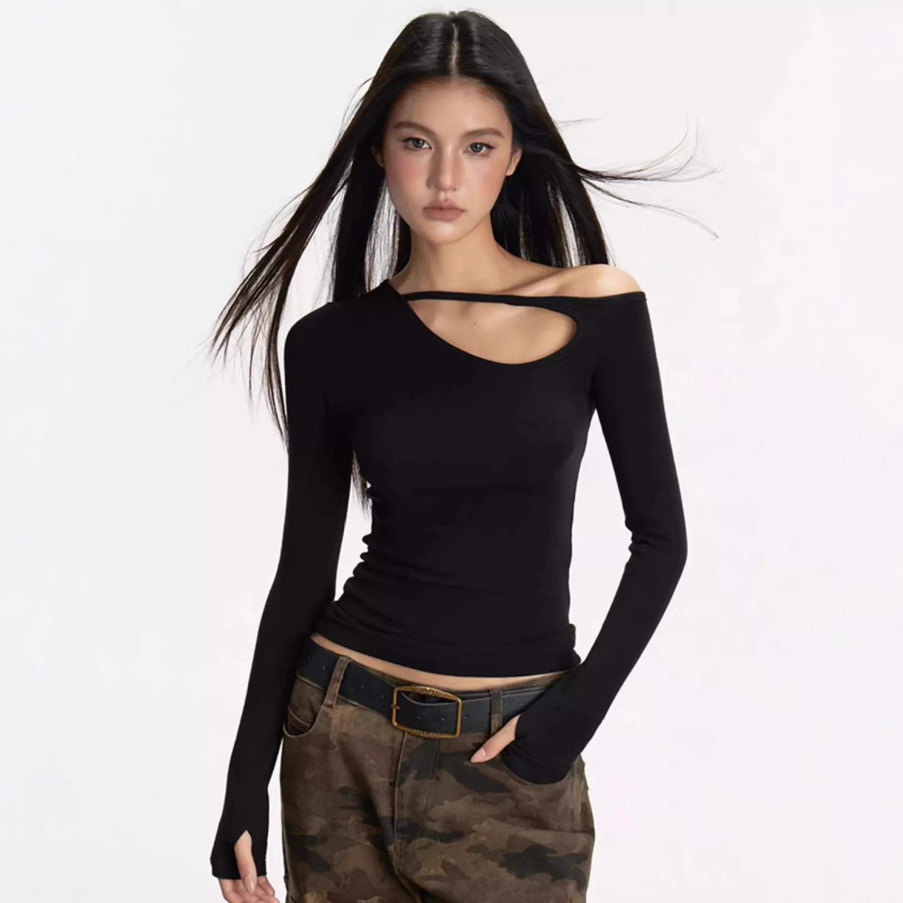 

Women's Openwork Long-Sleeved T-Shirt Inner Layer Top Off-the-Shoulder Collarbone-Exposing Top Soft Stretch Fabric