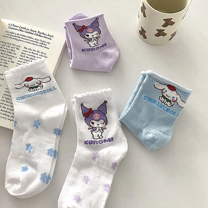 1Pair Anime Socks Cotton Kuromi Mymelody Cinnamoroll Pom Pom Purin Cartoon Tube Socks Casual Versatile Girl Gift For Girlfriend