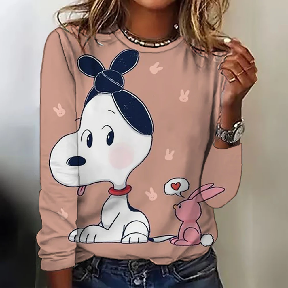 Snoopy Anime Co branded Long sleeved T-shirt for Women\'s 2023 Autumn New Loose Round Neck Top Children\'s Cartoon Clothes