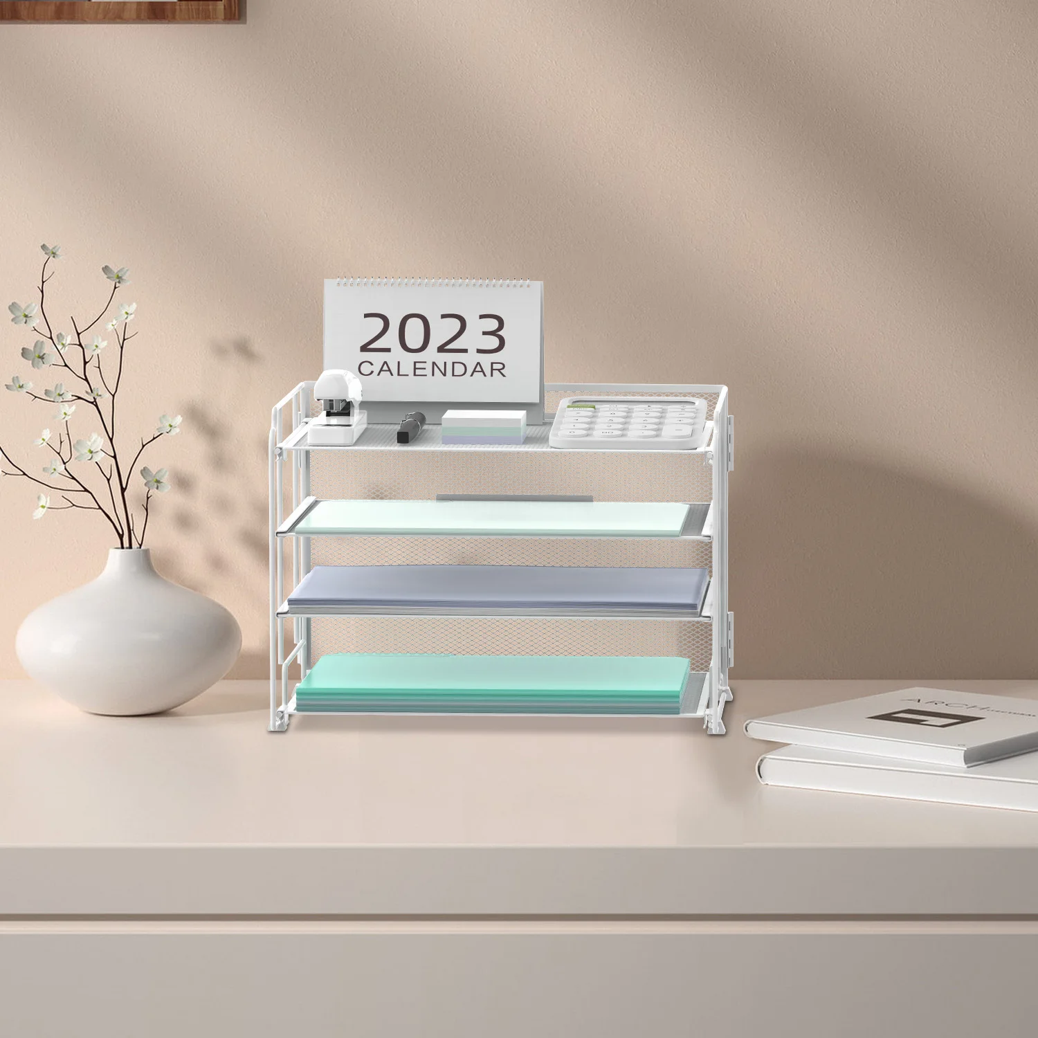 4 Tier Desktop Organiser with Drawer for Writing Paper Tray, Pen Holder with Mesh Metal Desktop Organiser for Home Office Use