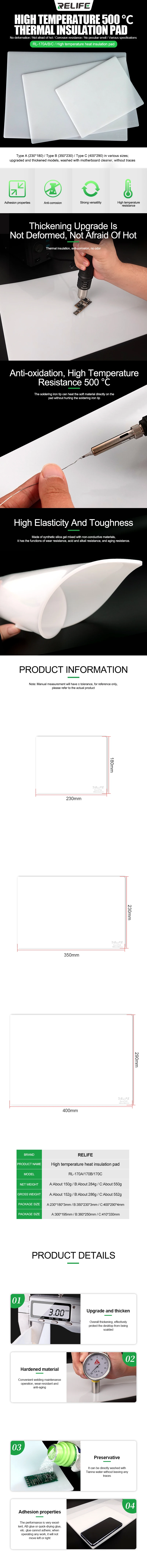 RELIFE RL-170A 500 ℃ Hochtemperatur-Wärmedämmpad, hohe Elastizität und Zähigkeit, Silikonmatte zum Schweißen von Mobiltelefonen – Detail 1