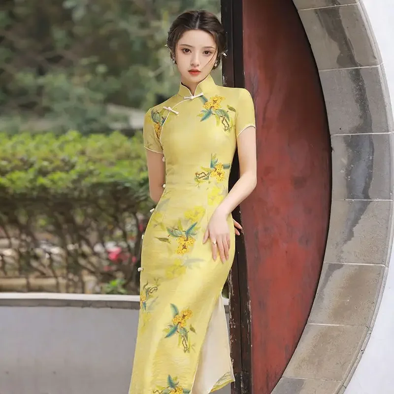 Yellow Print Cheongsam Women Improved Short Sleeve Vintage Dress Slim-fit Chinese Style Qipao S To 3XL