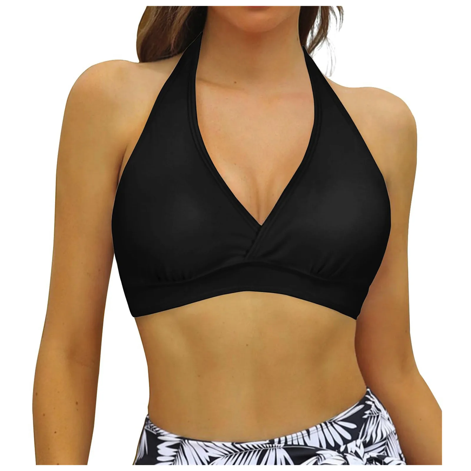 Women Halter Swimwear Vest Removable Chest Pad Full Coverage Bikini Tops Gather Push Up Swim Crop Top Beachwear Bathing Suit