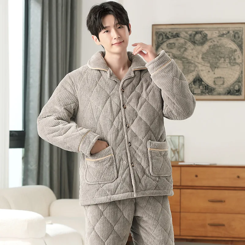 

Men's Pajamas Winter Fleece Thickened Coral Fleece Three-layer Padded Jacket Flannel Winter Loungewear Mens Pajamas Pyjama Homme