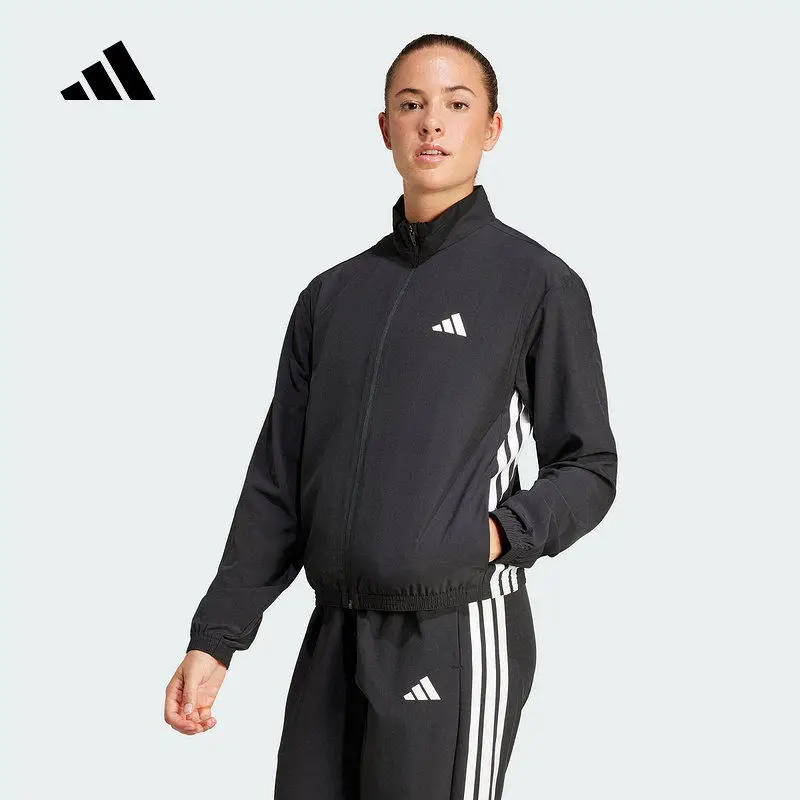 

Оригинальная женская тканая куртка Adidas с воротником-стойкой, эластичными манжетами и подолом, спортивная повседневная верхняя одежда, черно-белая, JD6539
