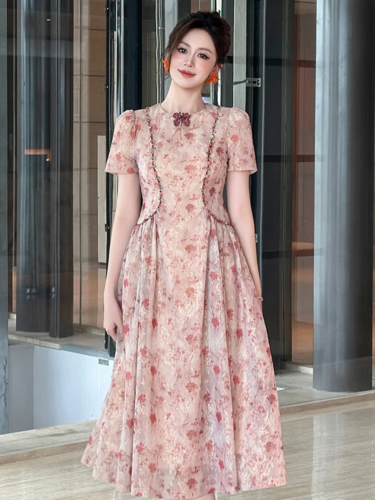 Letnia damska sukienka midi w stylu retro z kwiatowym nadrukiem, elegancka, z kokardą, bufiastymi rękawami, dopasowana, na imprezę, bal, vestidos, odzież damska, nowa