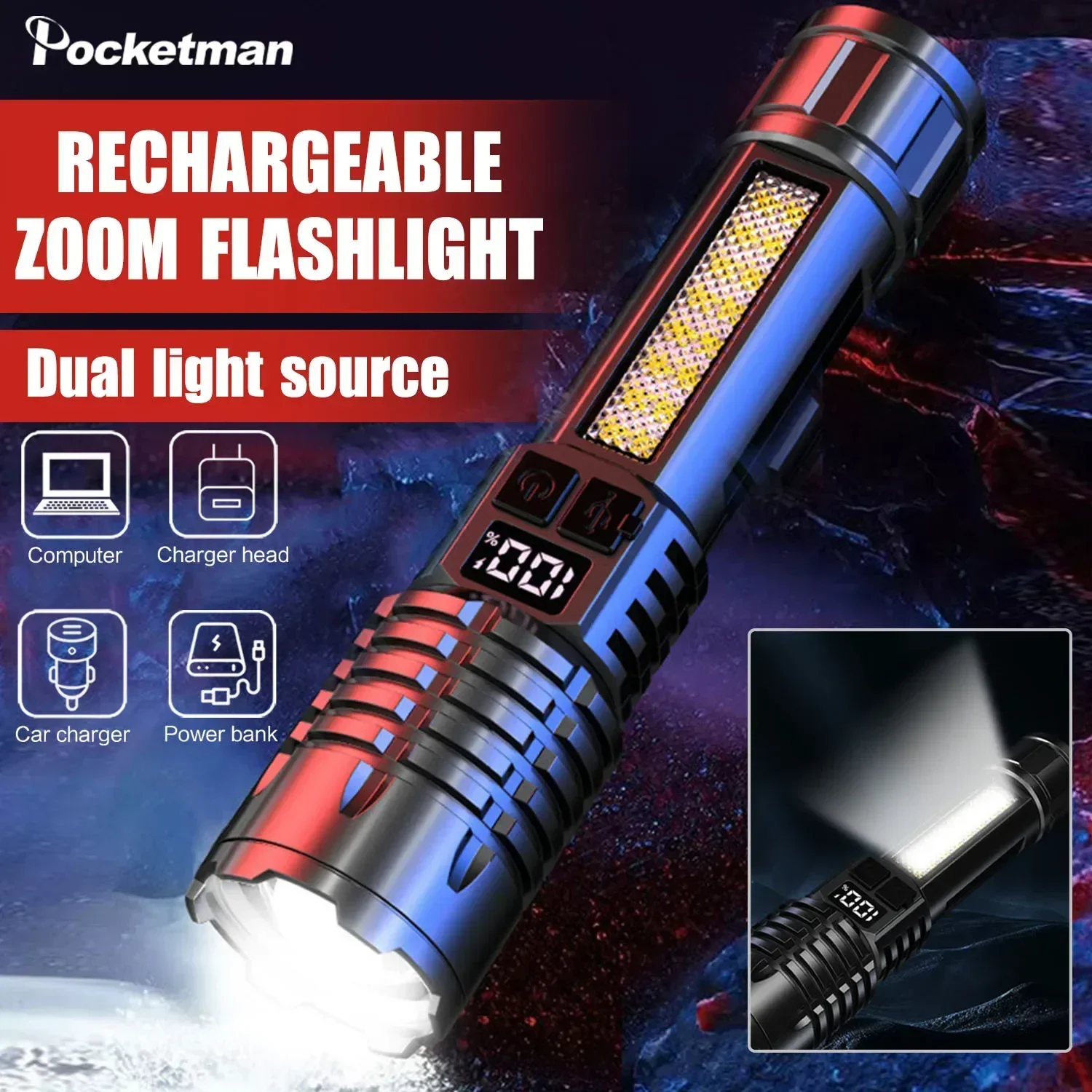 

Powerful LED Flashlight Rechargeable 5 Modes Flashlights Outdoor Waterproof Torch Super Bright Work Light Camping Flashlight