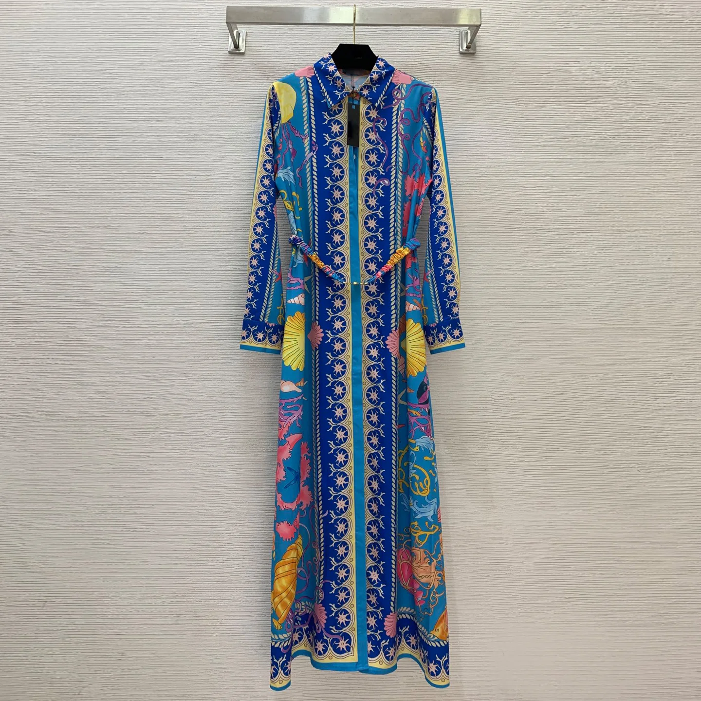 

Long Sleeve Star Print Belted Waist Dress Women's Holiday Style Shirt Dress Elegant Vintage High Waist Gown