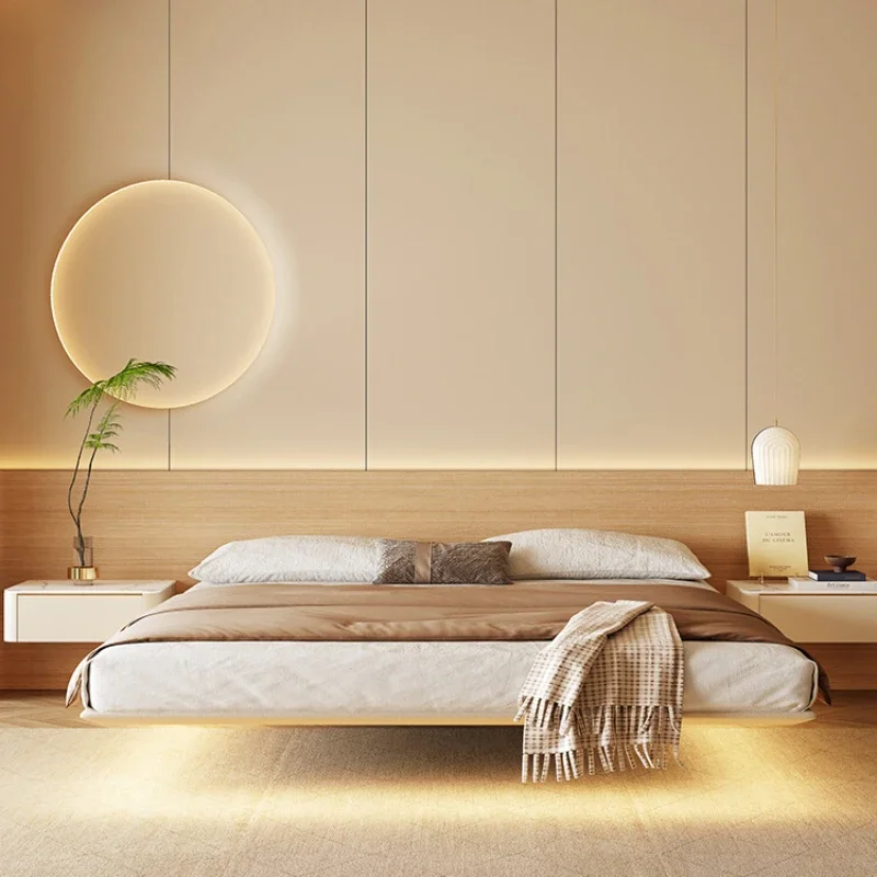 

Luxurious suspended bed Modern simple leather bed Small apartment bed without bedside, creamy double bed, solid wood bed