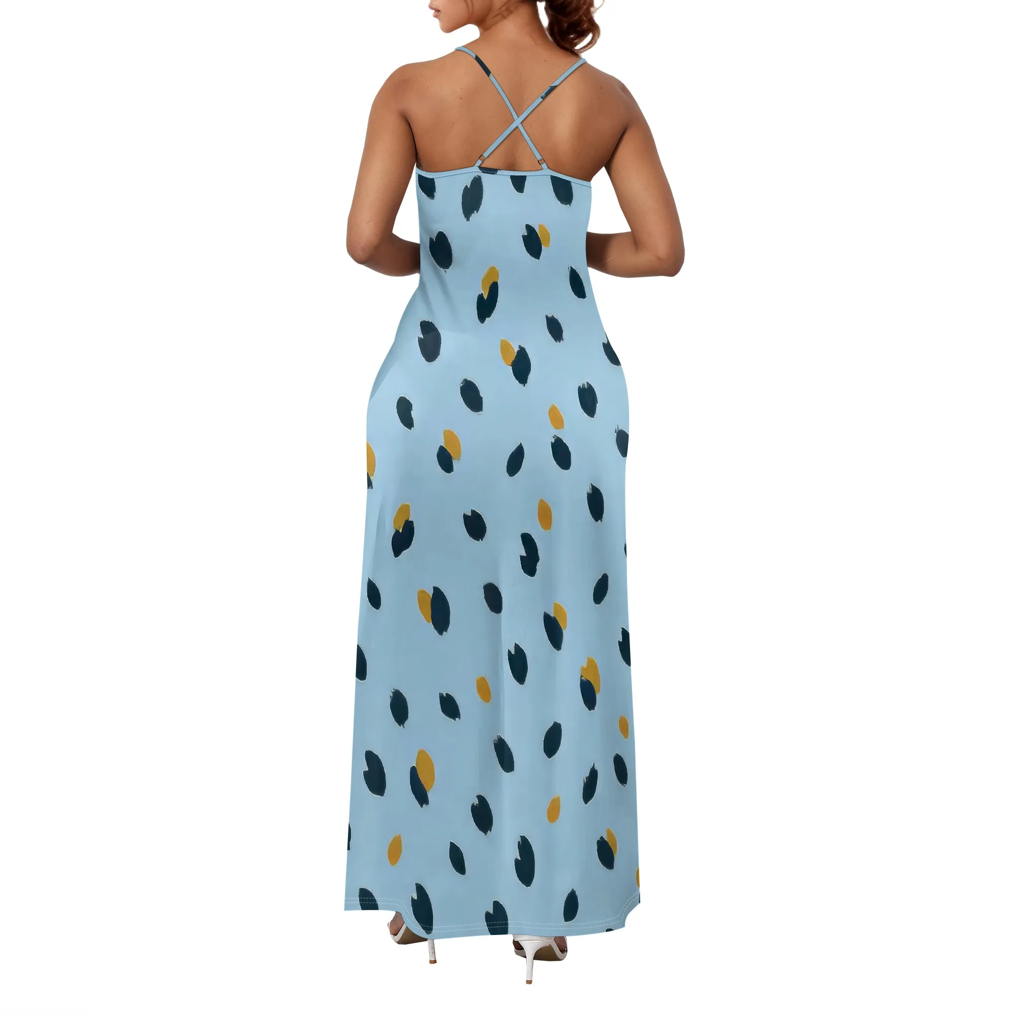Maxi Pokla Dot Sundress 여성용 스파게티 스트랩 V 넥 느슨한 발목 길이 비치 수영 커버 드레스