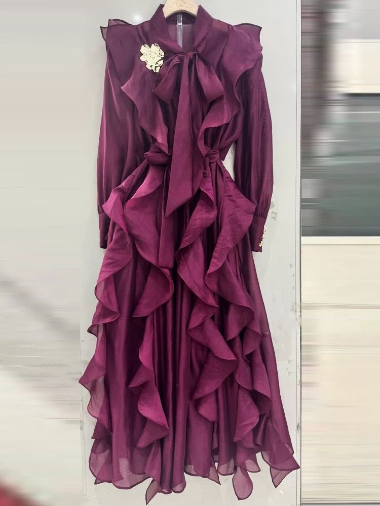 레트로 솔리드 컬러 우아한 허리끈 드레스 2025 가을 여성 신상 패션 긴팔 불규칙 러플 여성 루즈 드레스