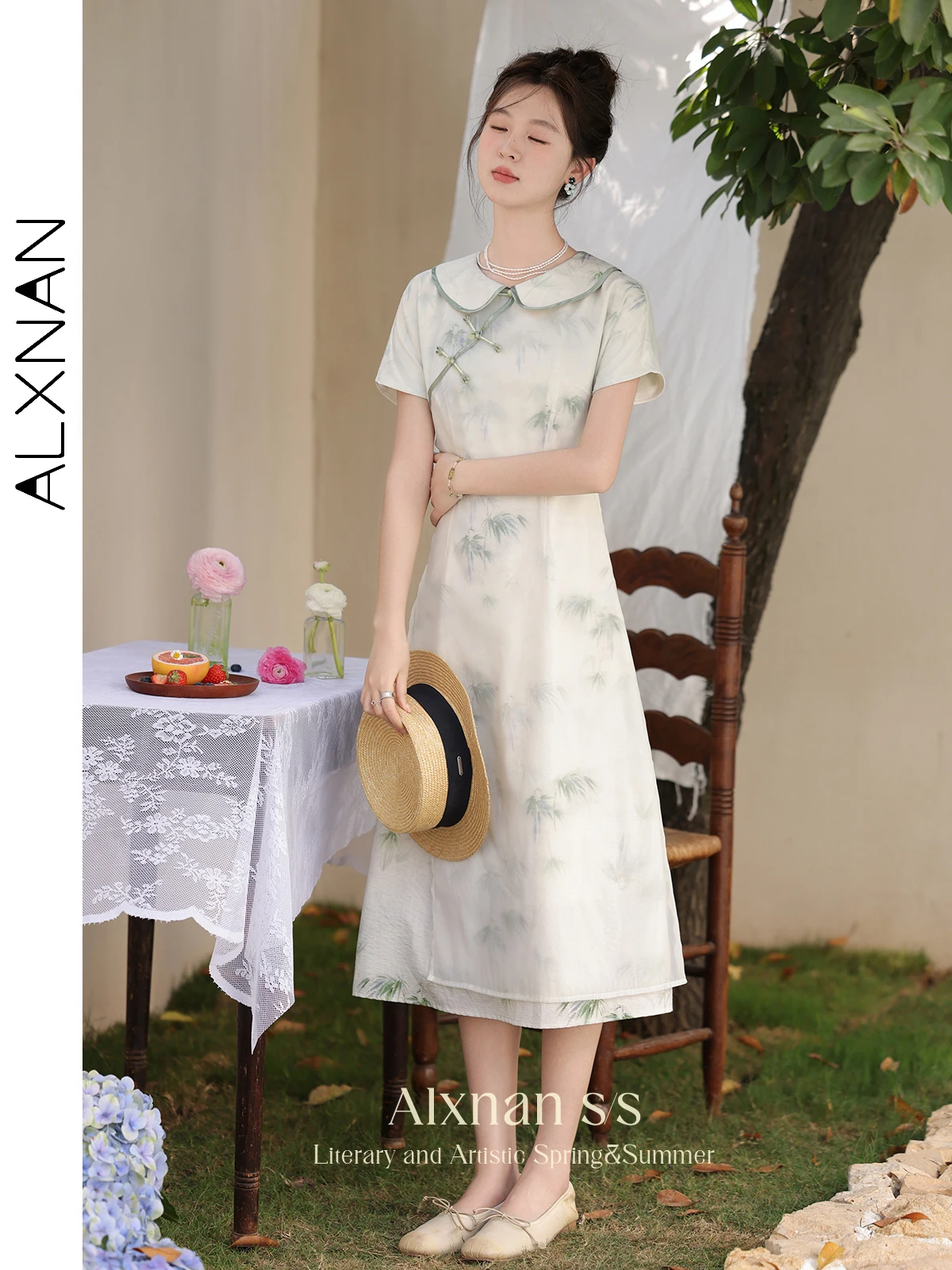 

ALXNAN New Chinese Style Qipao Dresses 2024 Spring Summer Diagonal Lapel A-line Dress Light Green Elegant Woman Clothing L33839