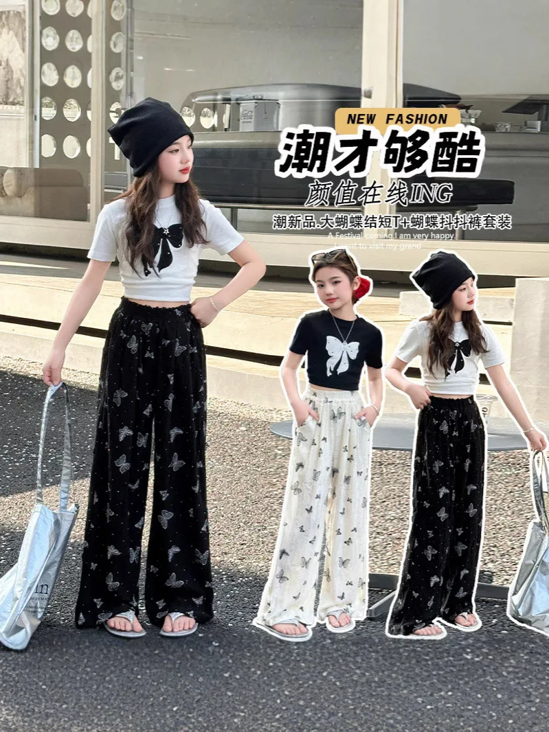 

Детская футболка с бабочкой, укороченный топ и крутой шелковый свободный длинный комплект одежды с широкими штанинами для детей 4–14 лет, 2025 лет, комплект одежды для девочек-подростков