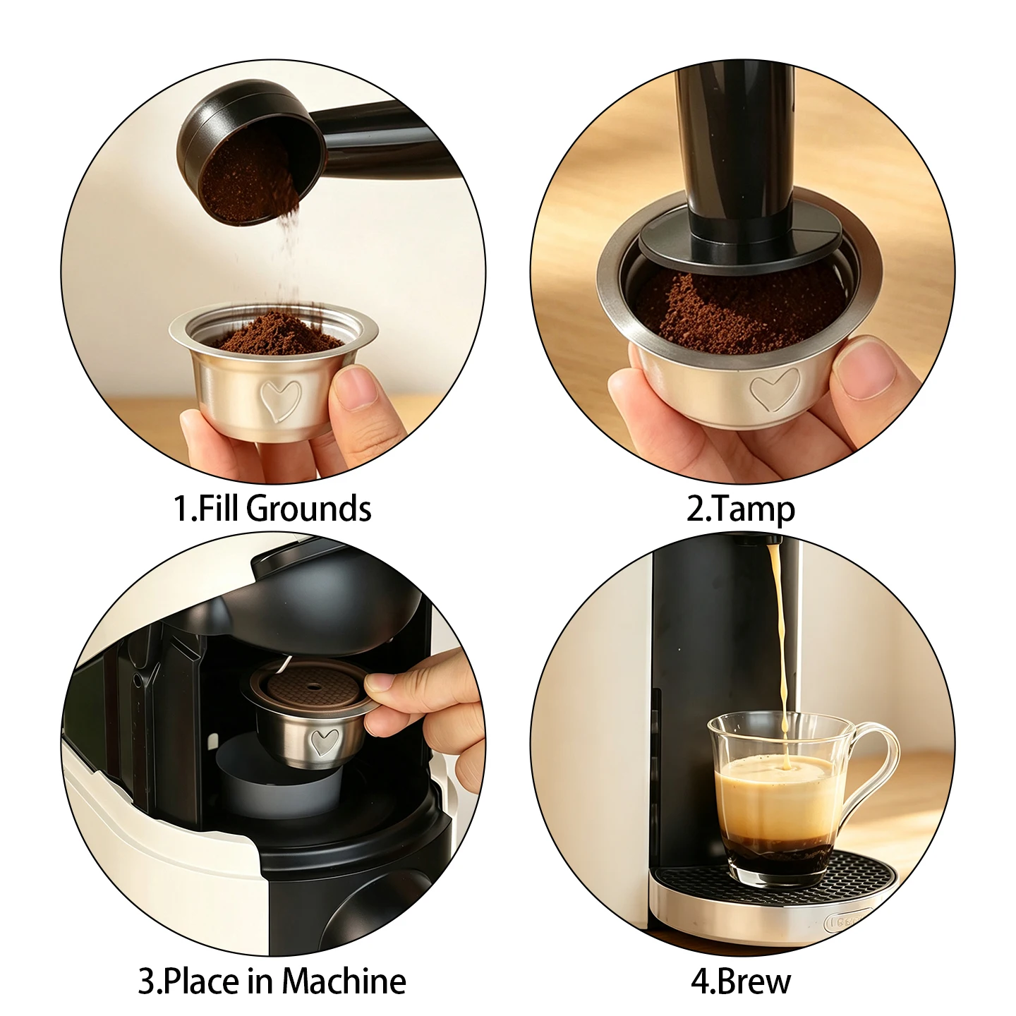 Refillable Stainless Steel Coffee Capsule Filter Shell with Silicone Lid, Coffee Tool Set Compatible with Coffee Machines