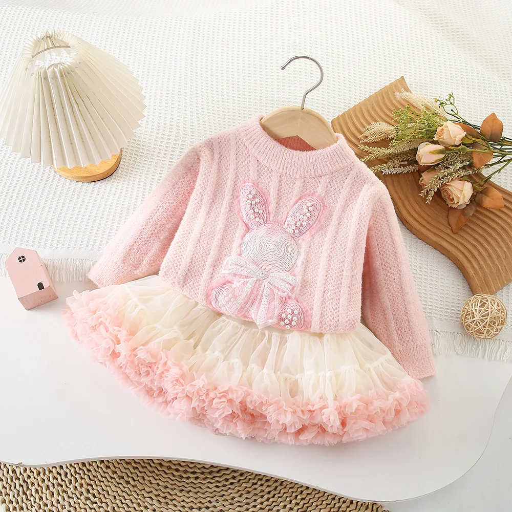 Girls Knitted Clothes Sets Spring Autumn Children Woolen Jersey Sweaters Tutu Skirts 2pcs Dress Suit For Baby Cute Outfits Kids