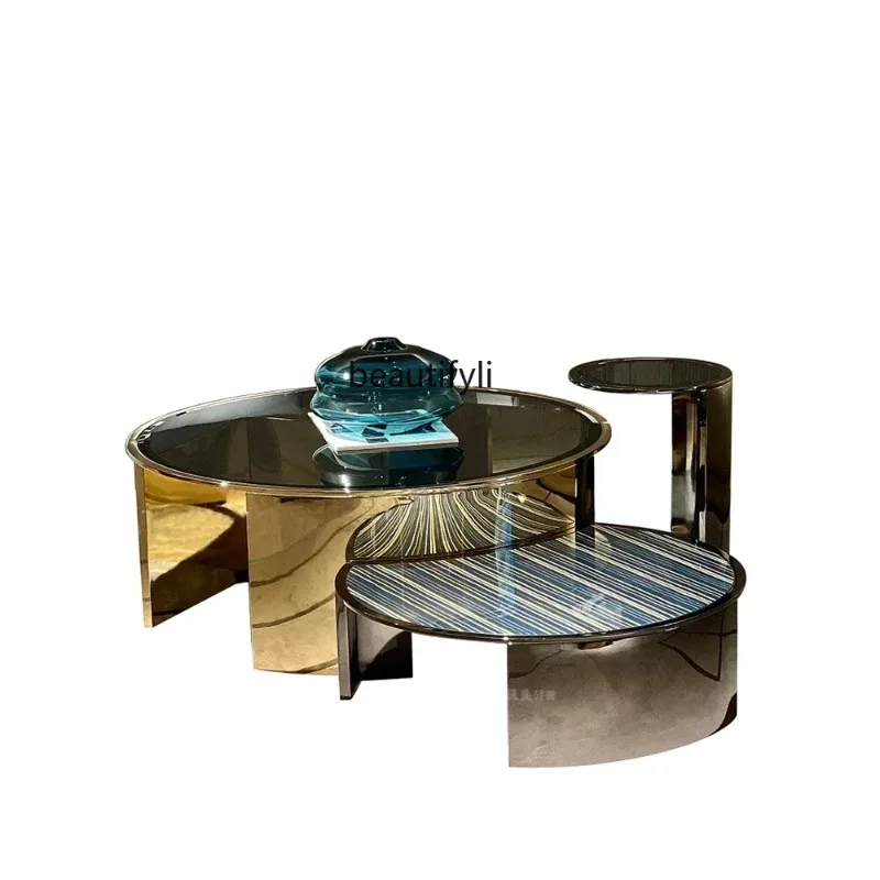 C85 Coffee Table Light Luxury Modern Living Room High-End Designer Stainless Steel round Tempered Glass Combination
