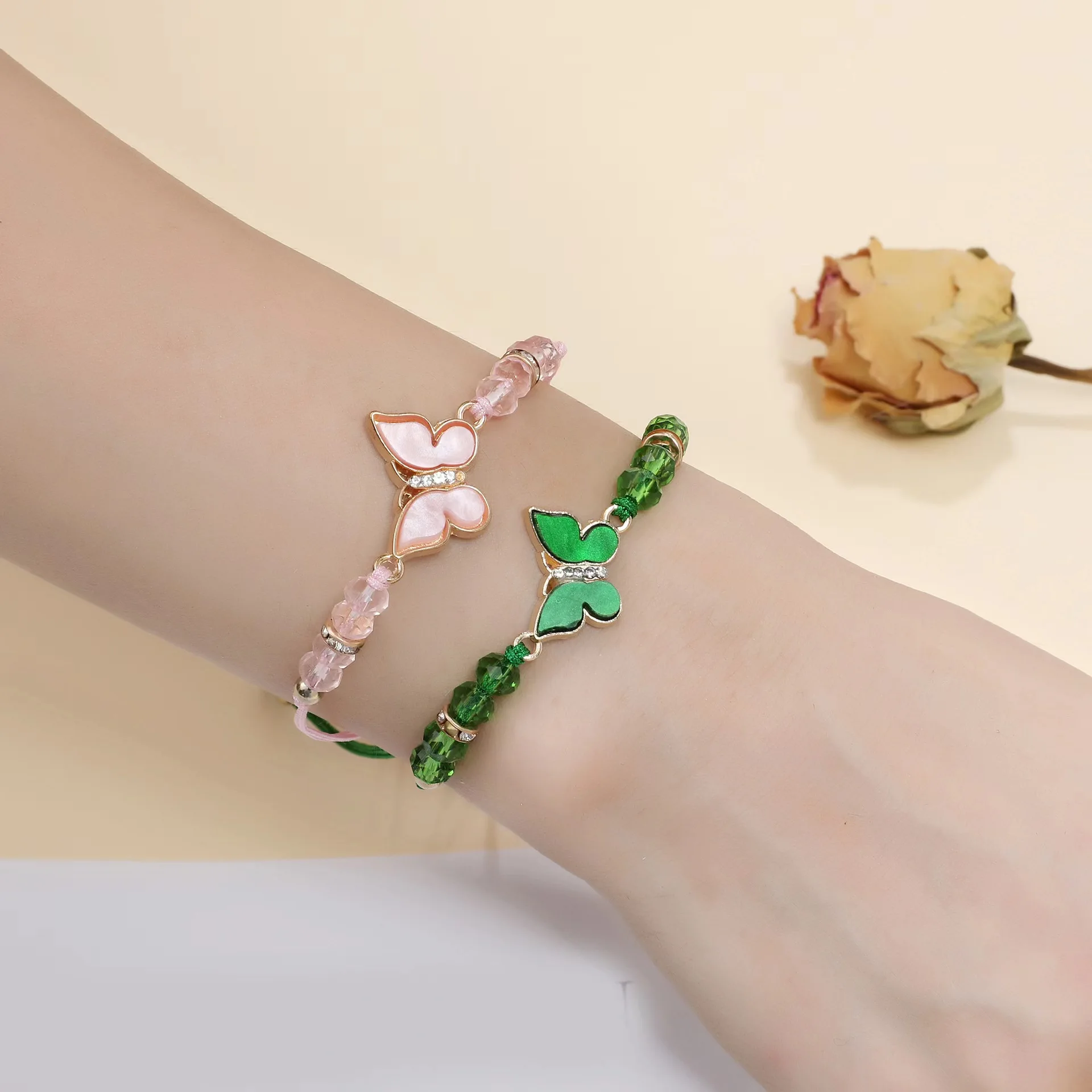 12 Pieces Fashionable Multi-Color Crystal Butterfly Beaded Bracelets For Women\'s Minimalist Hand Woven Bracelets