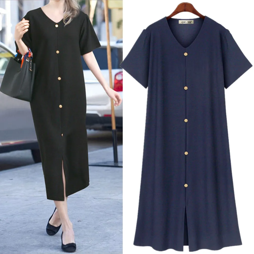 Summer Vintage Style plus Size Women's Dress Deep Blue V-Neck Single Button Simple Mid-Length Short Sleeve A-Line Dress