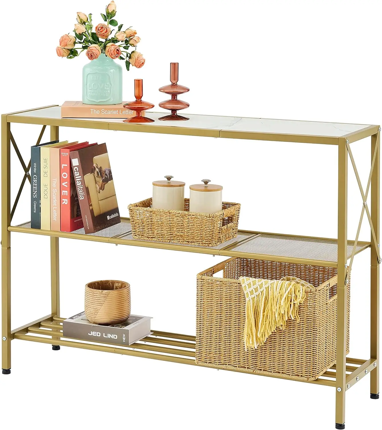 

Gold Console Table, 3-Tier Entryway Table, Hallway Table, Sofa Table , Entrance Table , Living Room, Foyer, Gold and White