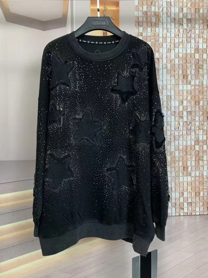 Moda novo outono y2k mangas compridas casaco pesado bordado cheio de diamante estrela de cinco pontas comprimento médio solto moda moletom topo