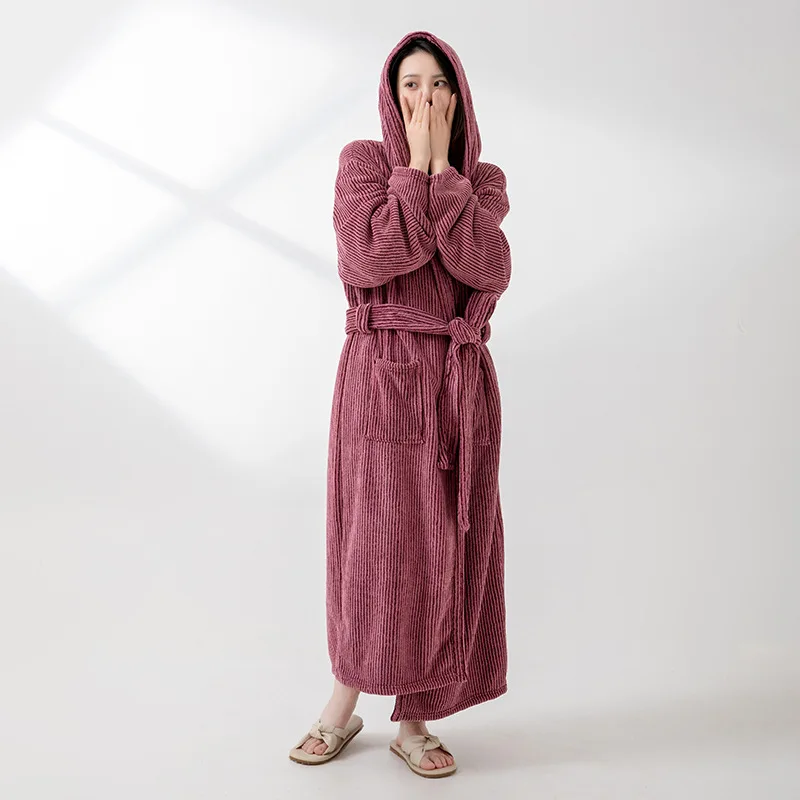 Women's Striped Bathrobe Coral Fleece Kimono Oversized Hooded Bathrobe Absorbent Quick Drying Robes Couple Home Wear Loungewear