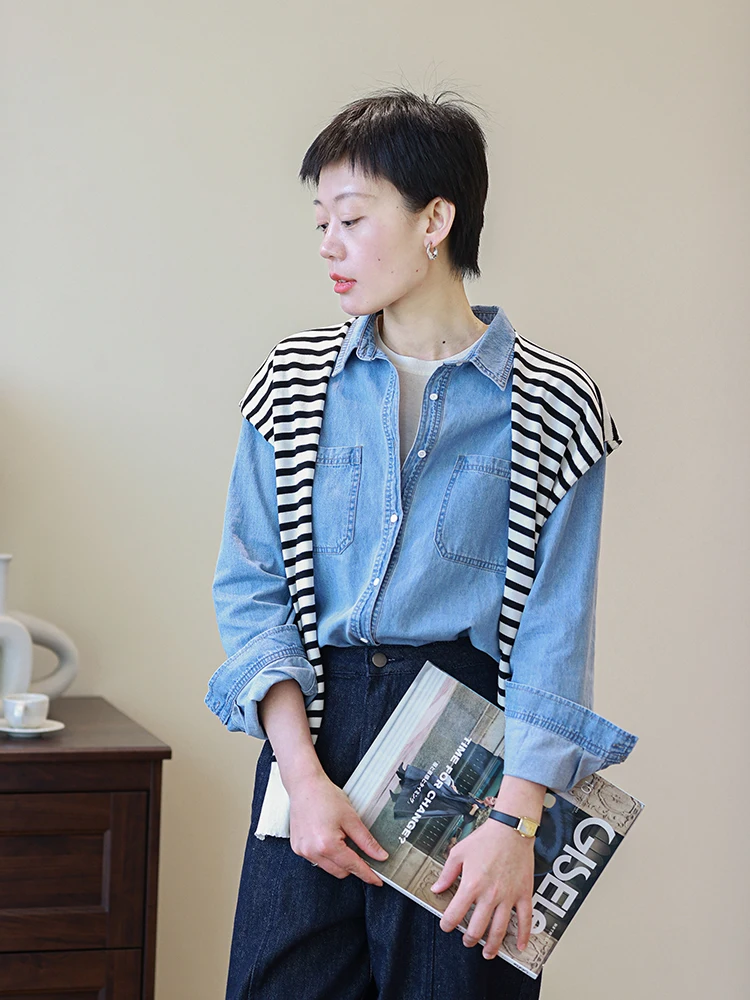 

Ретро-рубашка из хлопкового денима для женщин, свободного кроя, с двумя карманами, утягивающая, темно-синяя, повседневная, деловая, с длинным рукавом, с воротником