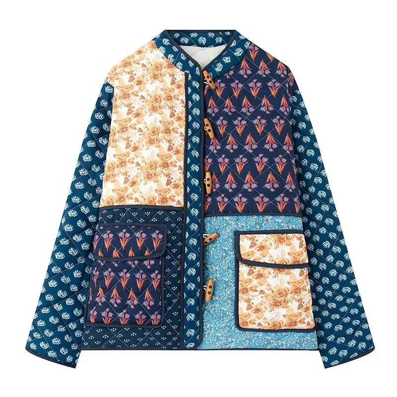 

Winter Retro Floral Printing Patchwork Warm Coat Casual Women Long Sleeves Lady Streetwear Vintage Cotton-padded Clothes Jacket
