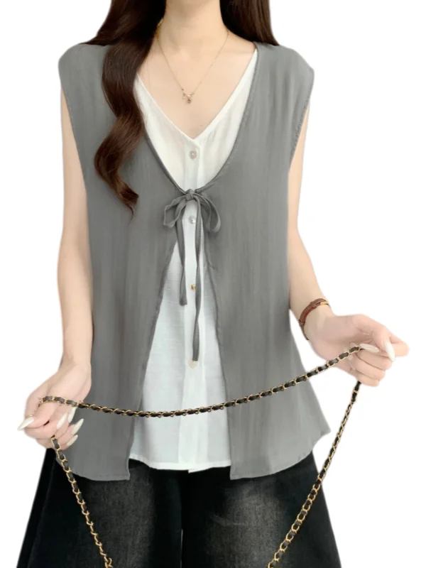 Slimming V-Neck Sleeveless Shirt Design Sense Belted Base Layer Top Women's Summer 2026 plus Size Fashion Korean Style Commute