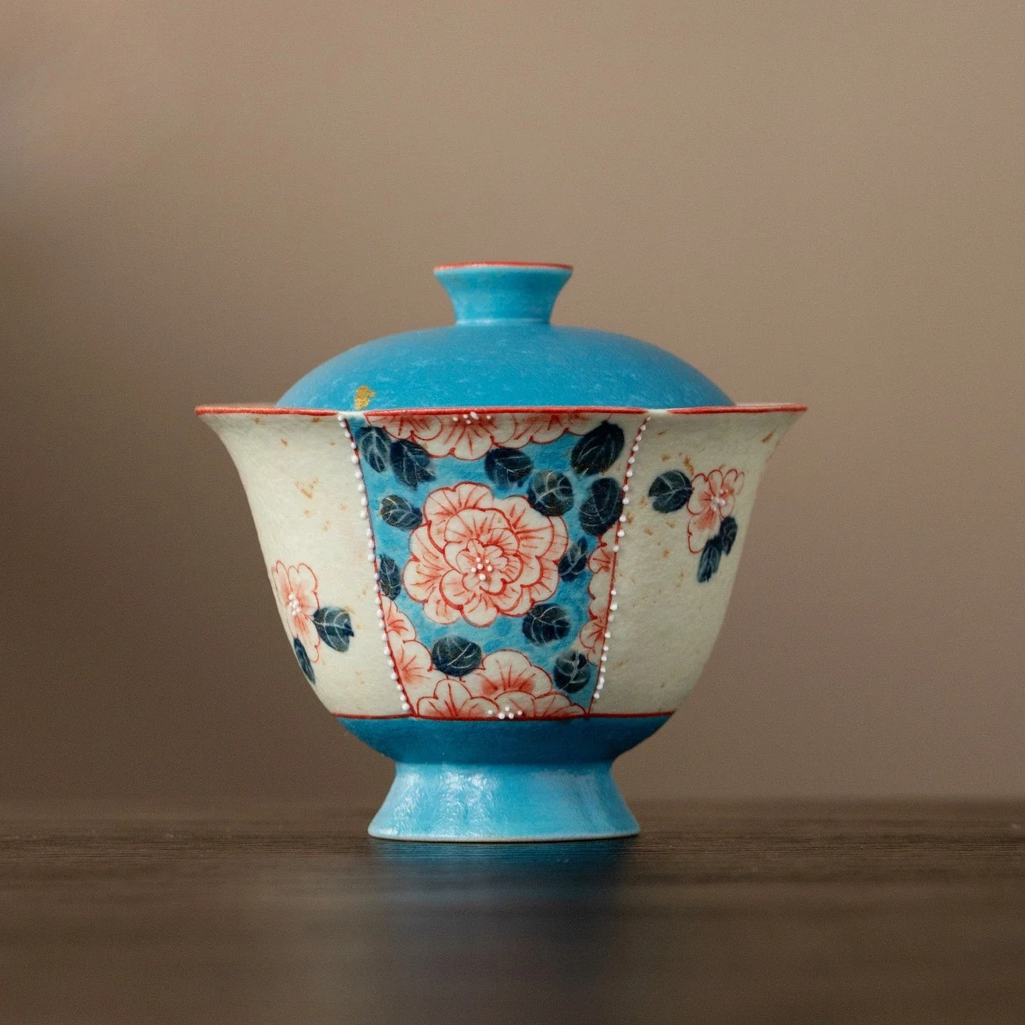 90ML Flint Red Rime Blue Hand-painted Danrui Flower Window Household Ceramic Cover Bowl KungFu TeaSet Flower Mouth Small TeaBowl